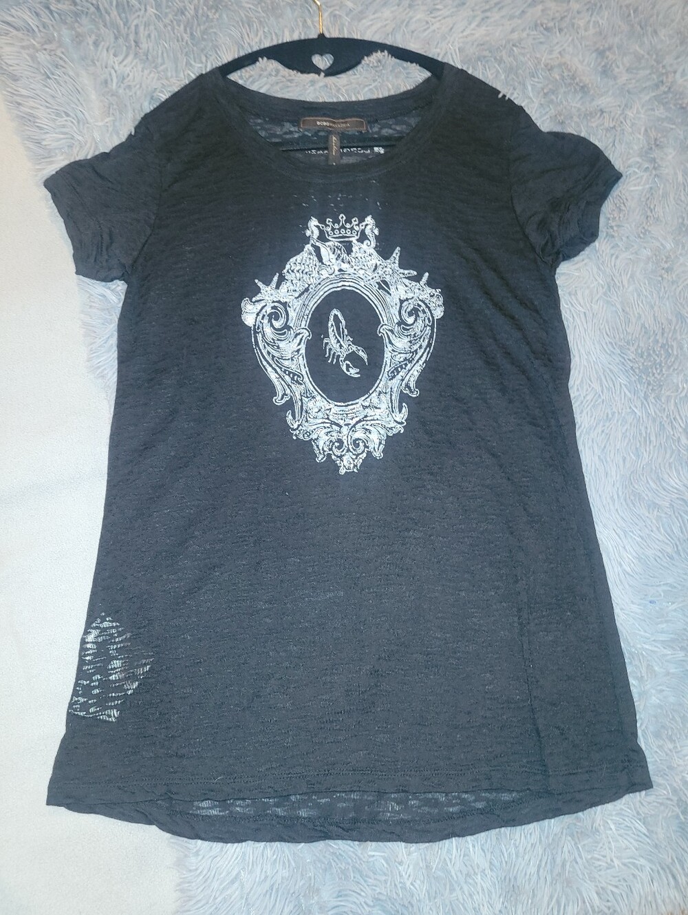 BCBG Black Sheer Graphic Short Sleeve Tee with Ornate Scorpio Crest
